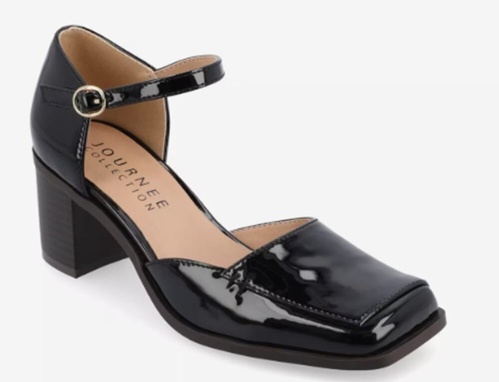 Journee Collection Evangeline Shoes Womens Size 8 Black Patent Block Heel Dorsay